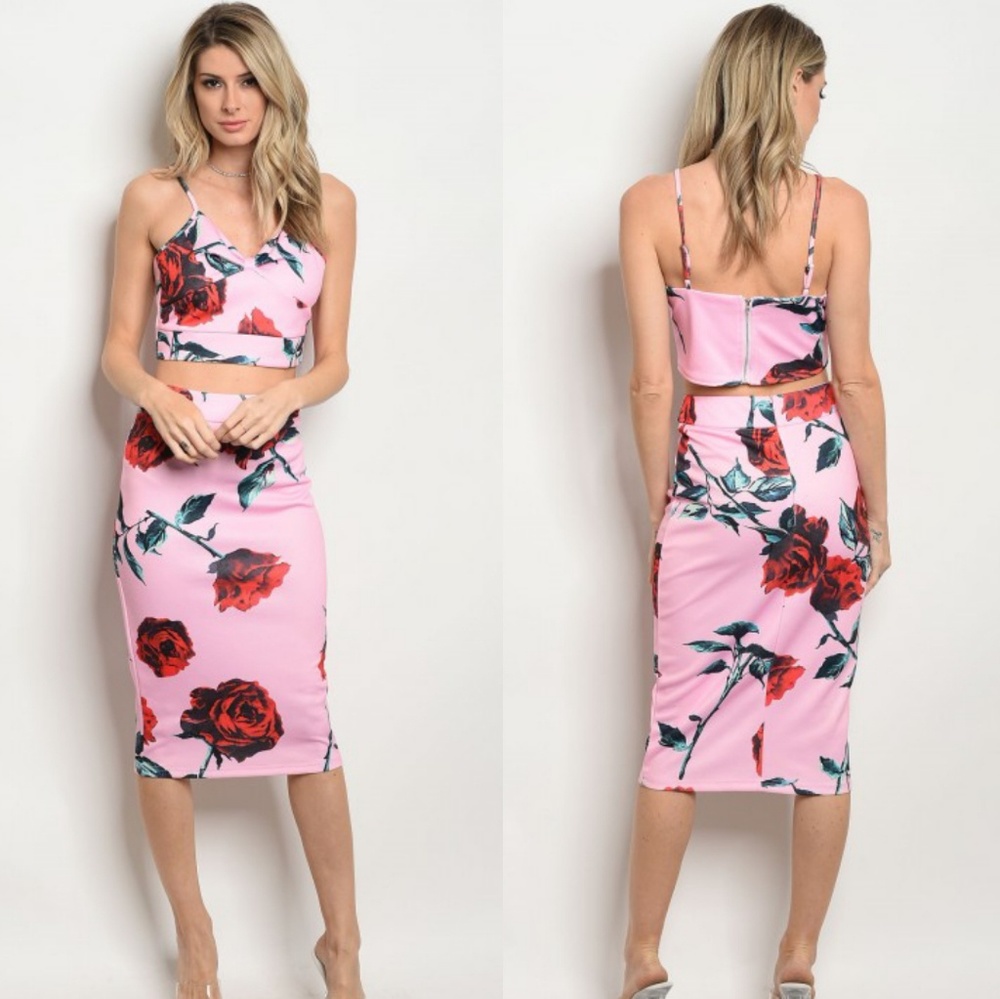 PINK RED FLORAL TOP & SKIRT SET